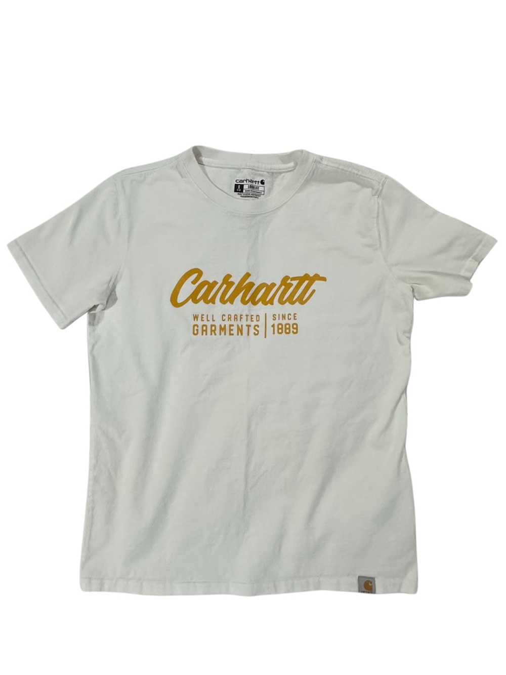 Carhartt Logo Graphic T-Shirt White Yellow Size Small Relaxed Fit